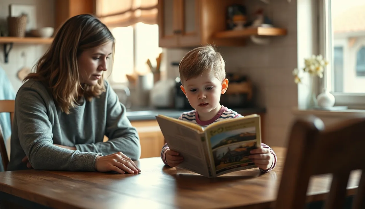 Child reading aloud from a book to an adult at a sunlit kitchen table
