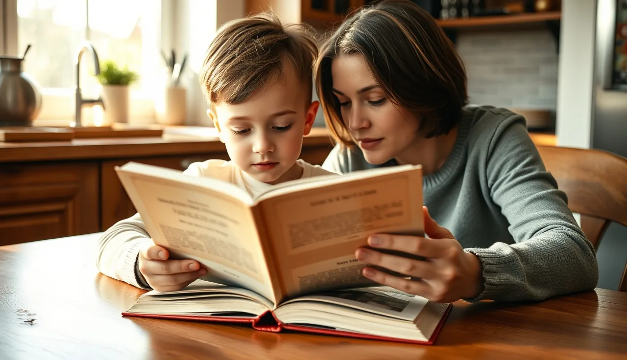 Young child reading aloud to an adult at a sunlit kitchen table