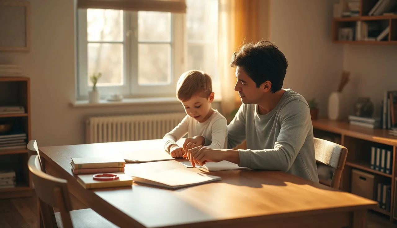 Adult tutor and young child working together at a sunlit wooden table