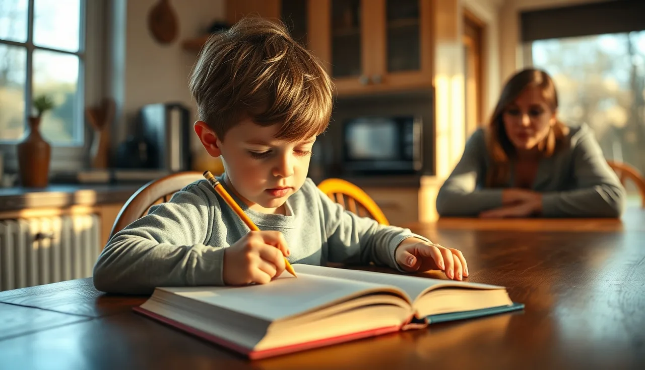 Young child concentrating on an open book at a kitchen table with an adult nearby