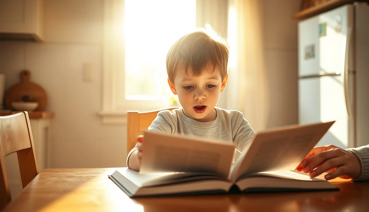 Young child reading aloud expressively from a book at a kitchen table