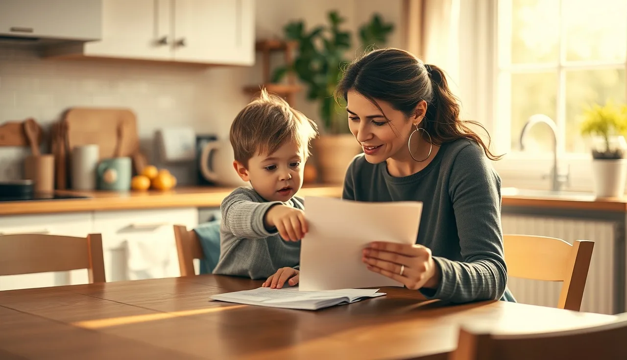 Child and adult working together at a kitchen table during a tutoring session