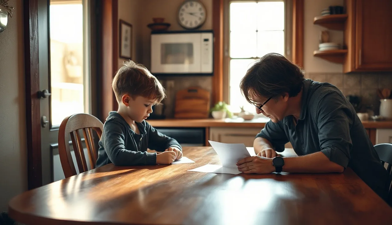 Child and adult tutor working together at a wooden table in afternoon light