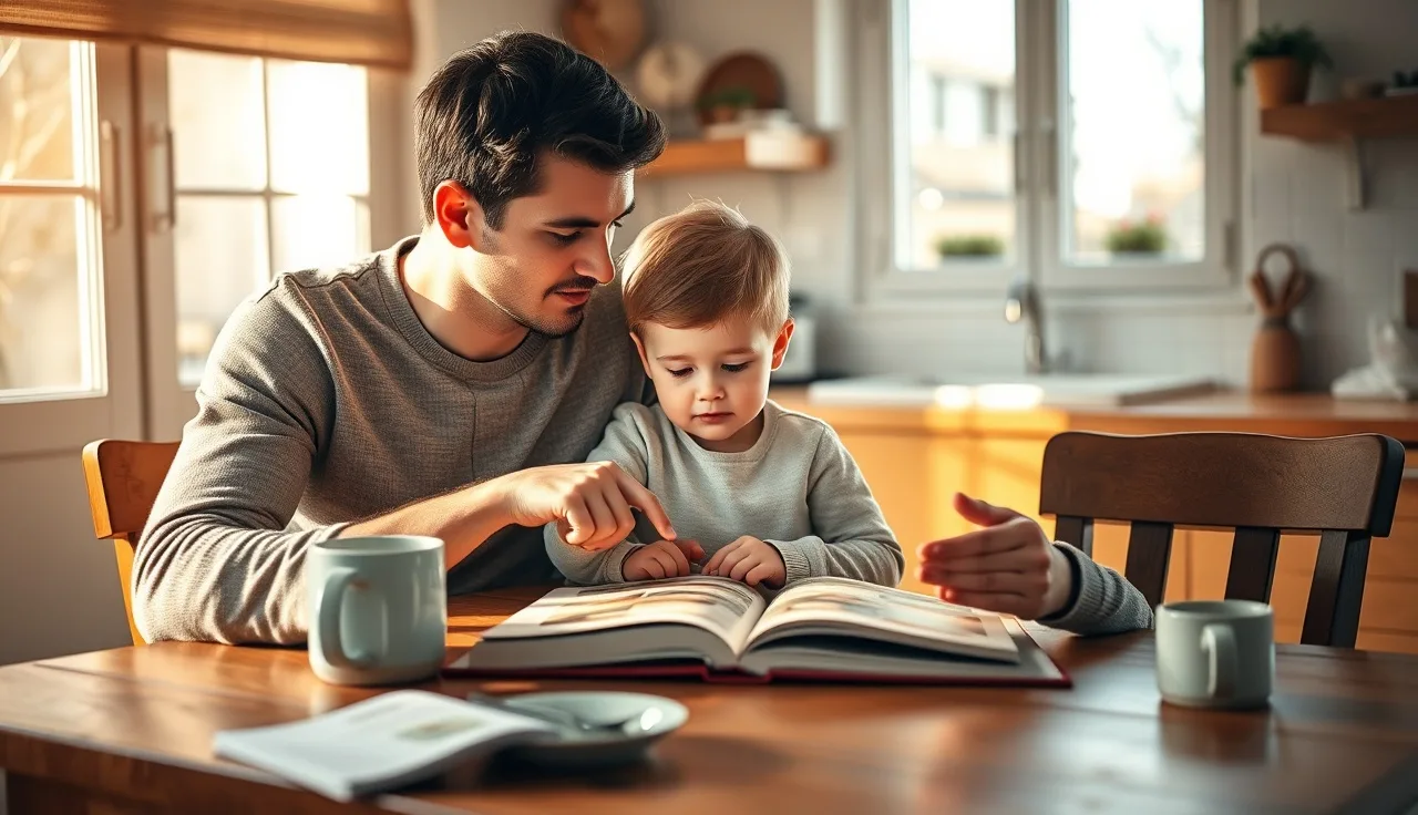 Parent and child discussing an open book together at a kitchen table