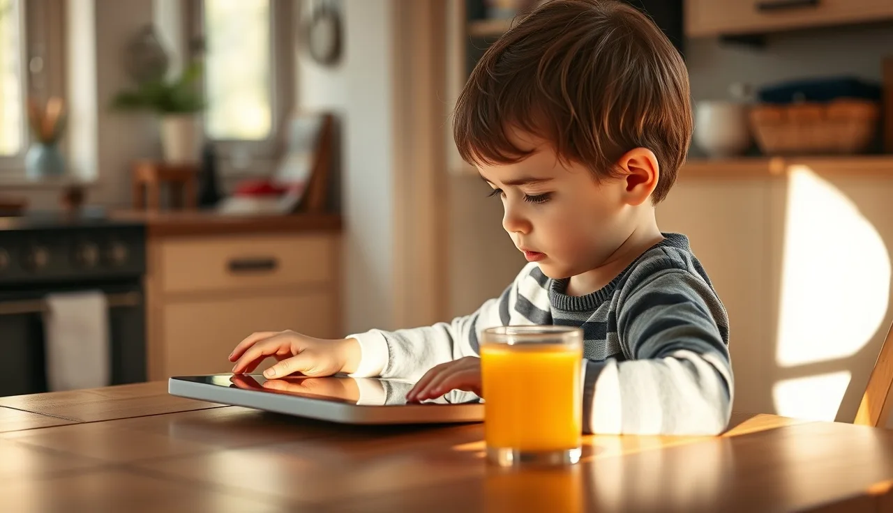 Child reading on a tablet at a kitchen table in morning light