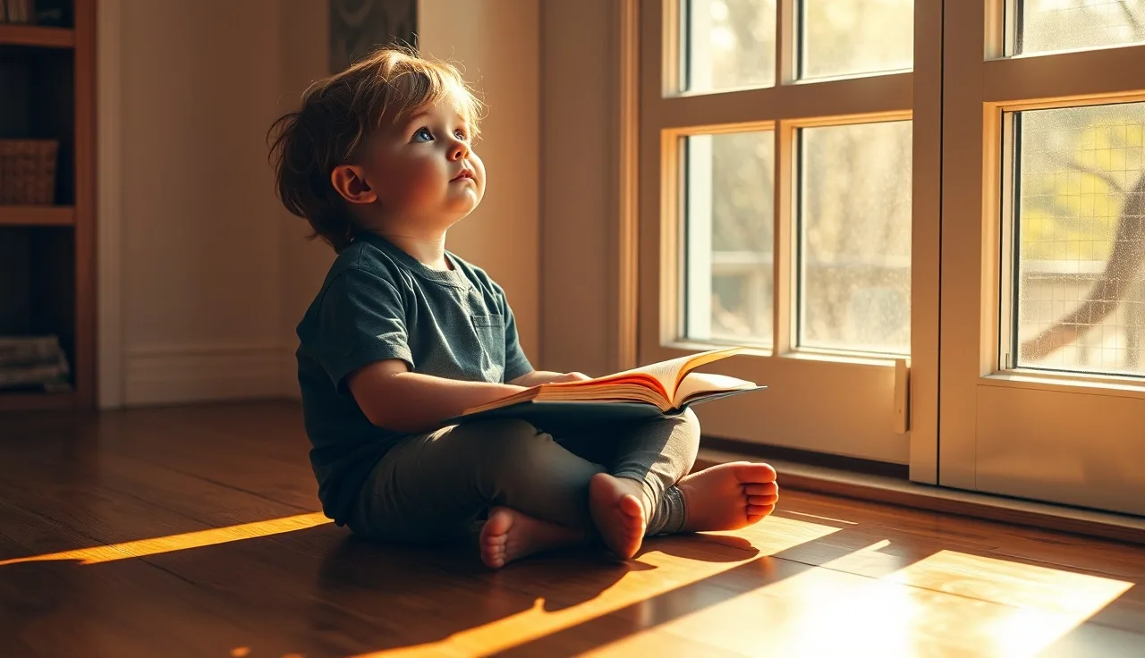 Child sitting on sunlit floor looking up thoughtfully while reading a book