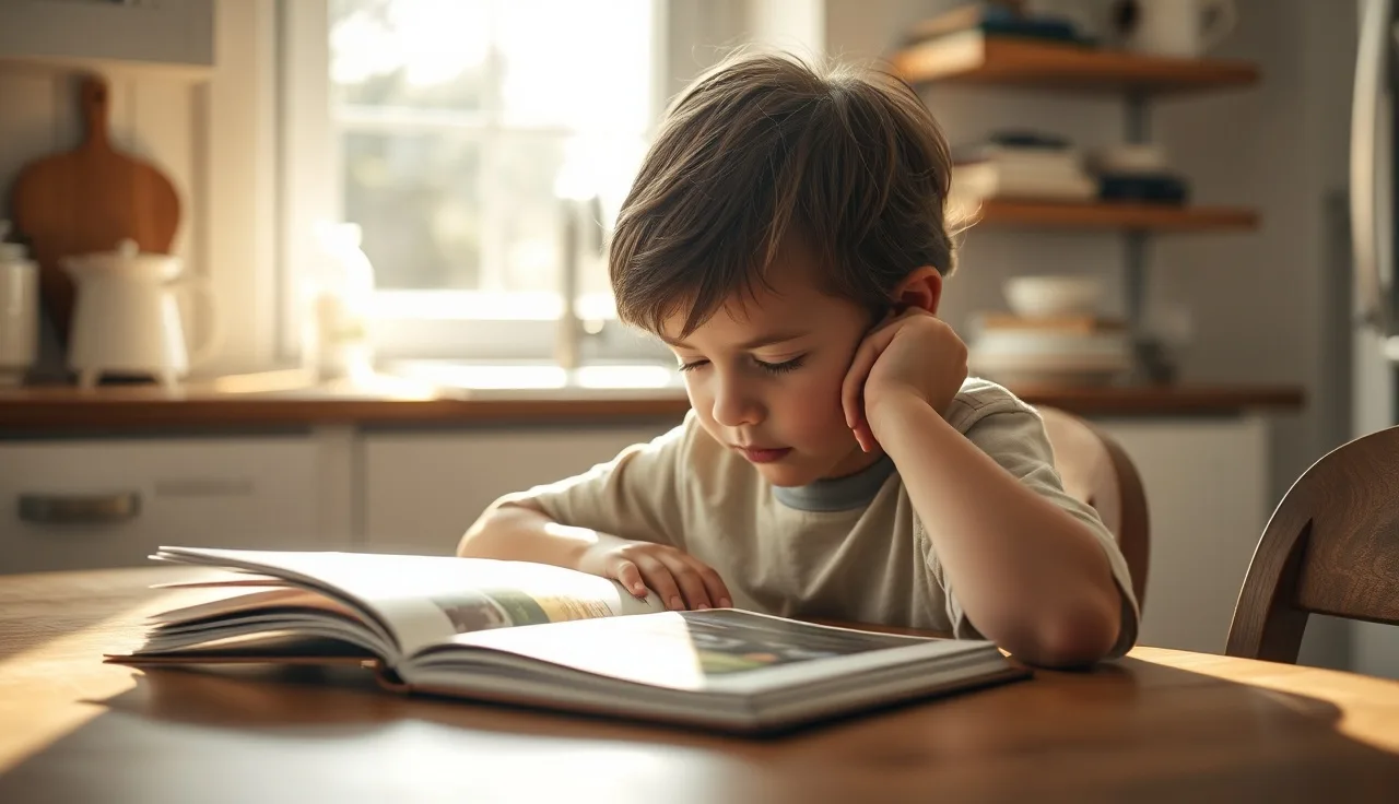 Young child gazing thoughtfully at an open book at a sunlit table