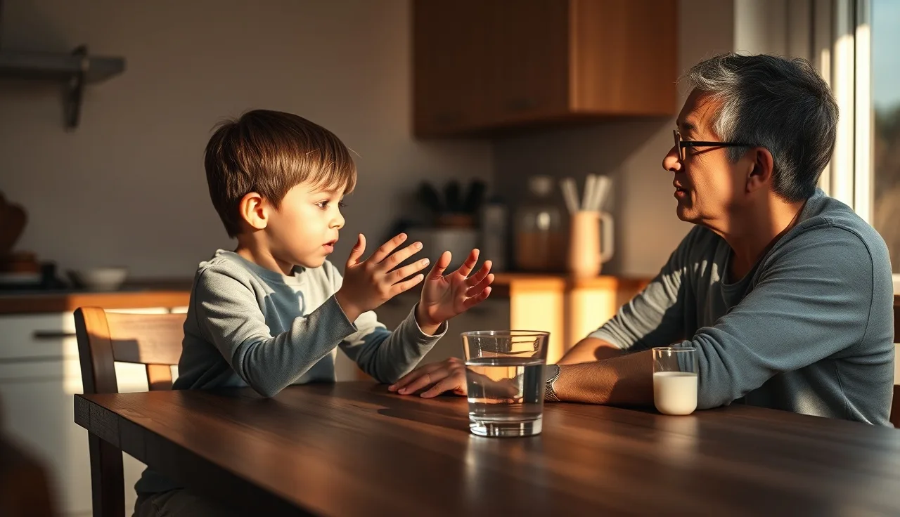 Child and parent discussing a story together at a sunlit kitchen table