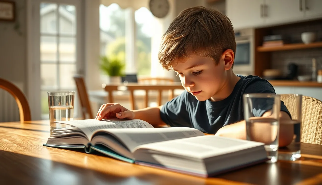 Middle school student reading a book at a kitchen table in afternoon light