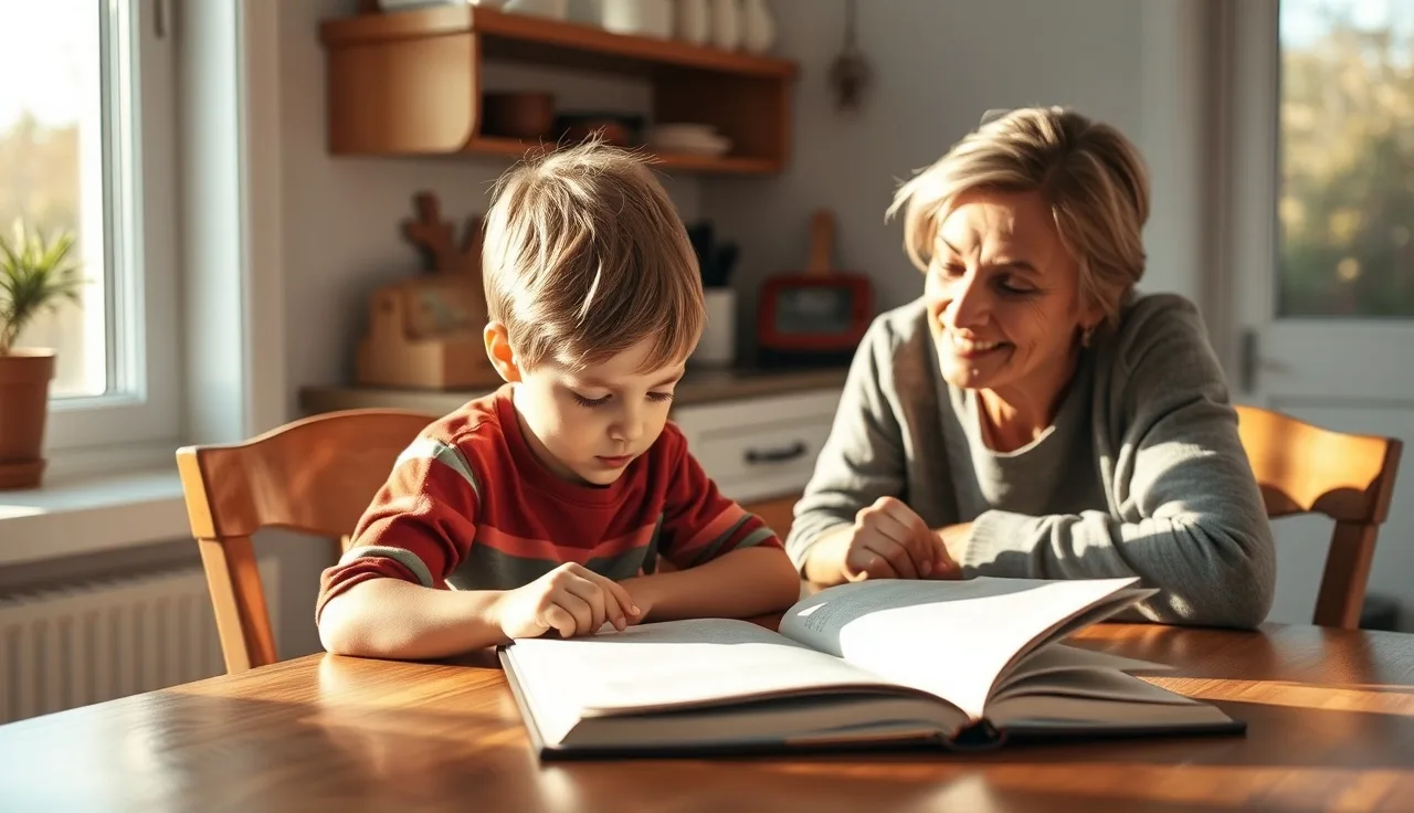 Child and adult reading together at a kitchen table in morning light