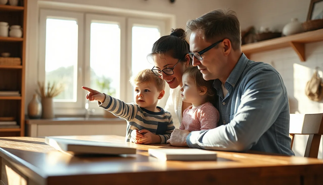Child pointing and explaining to a parent at a kitchen table, reading comprehension conversation