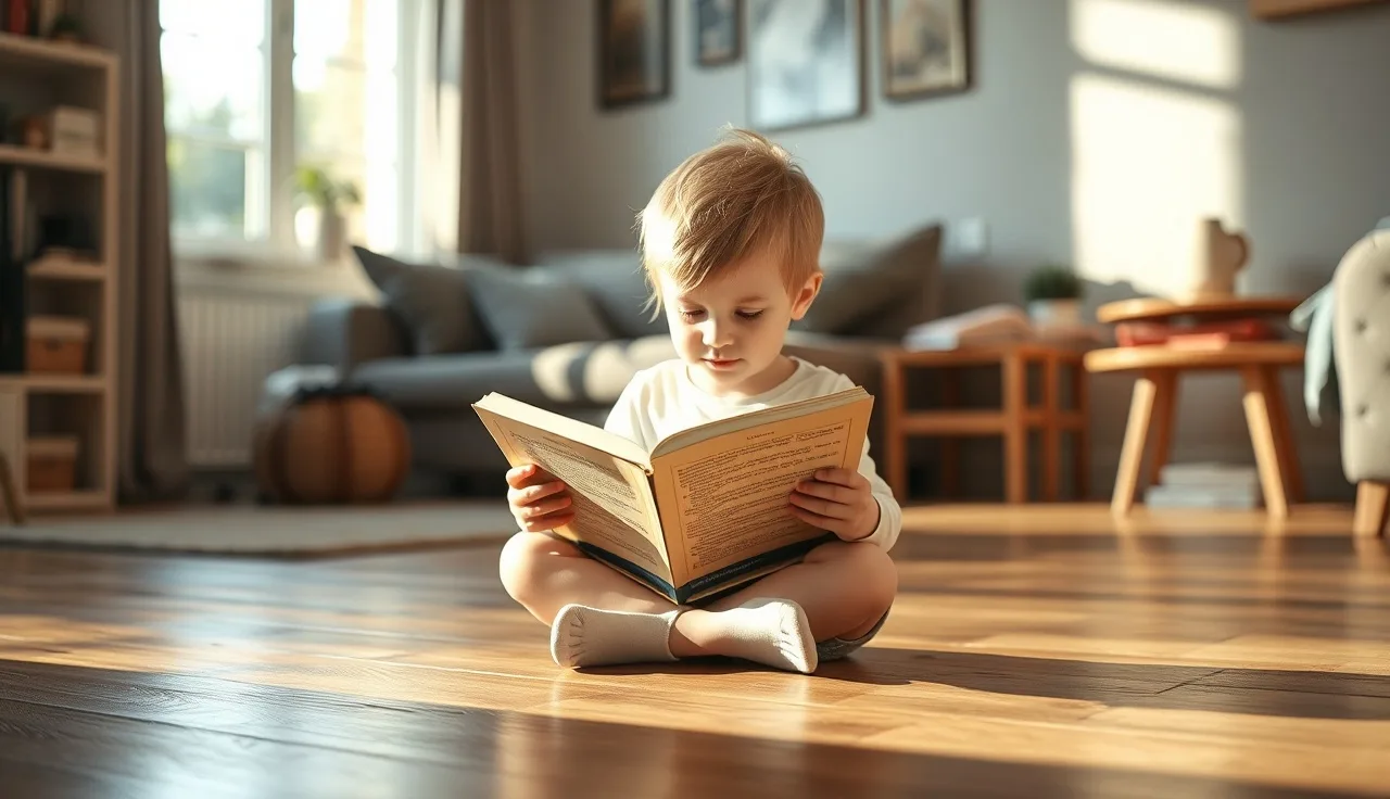 Child reading a book on a wooden floor in warm afternoon light