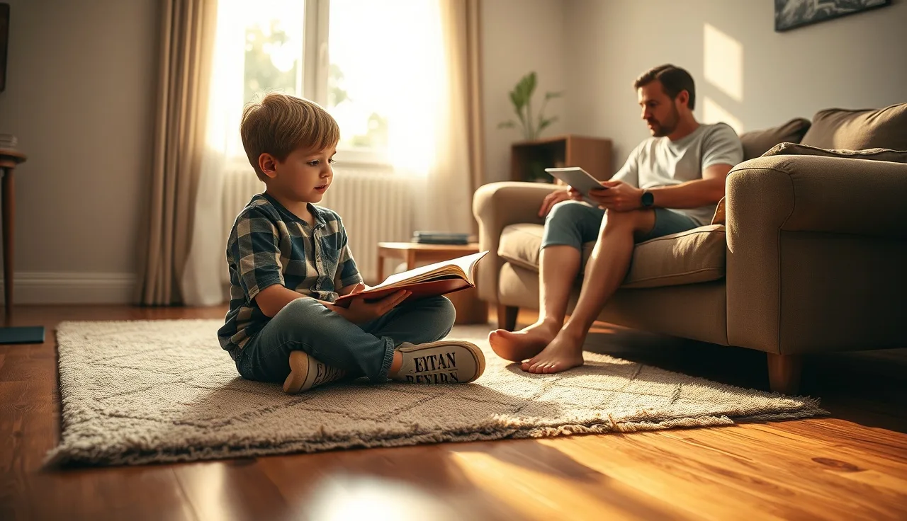 Child and parent reading together on a living room rug in afternoon light