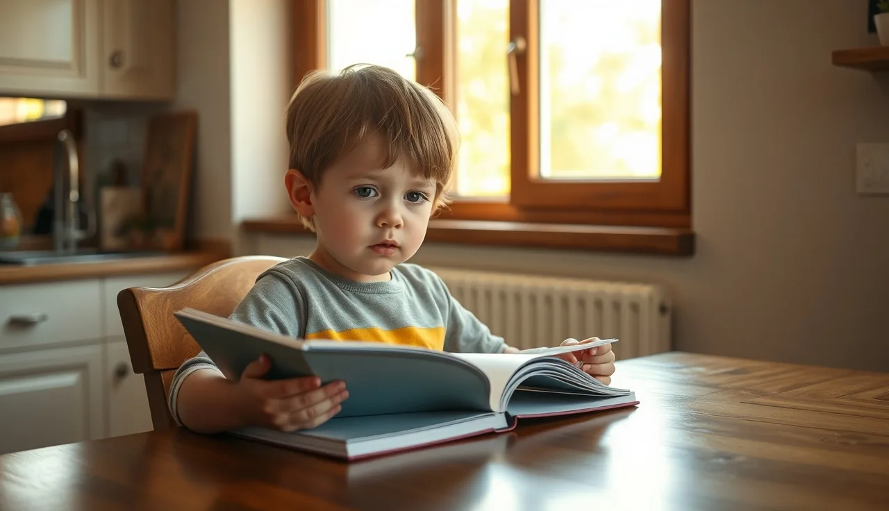 Child at a sunny kitchen table looking puzzled while holding an open book