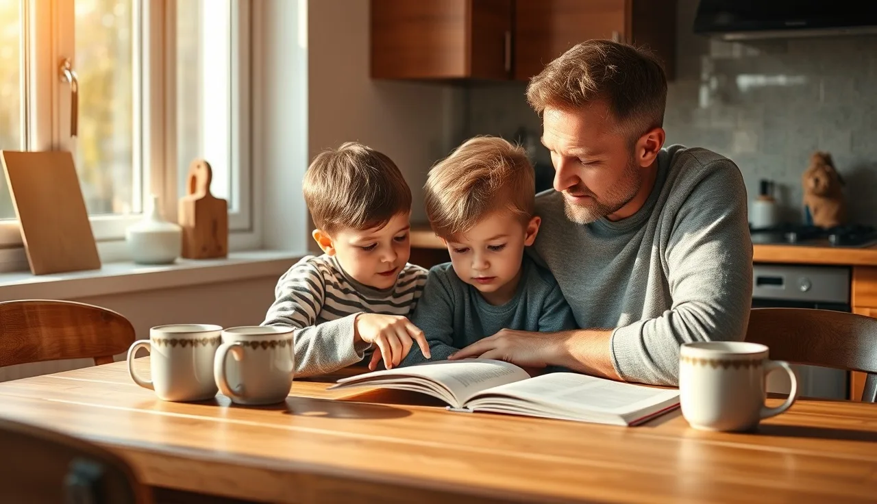 Child and adult working on reading comprehension together at a kitchen table