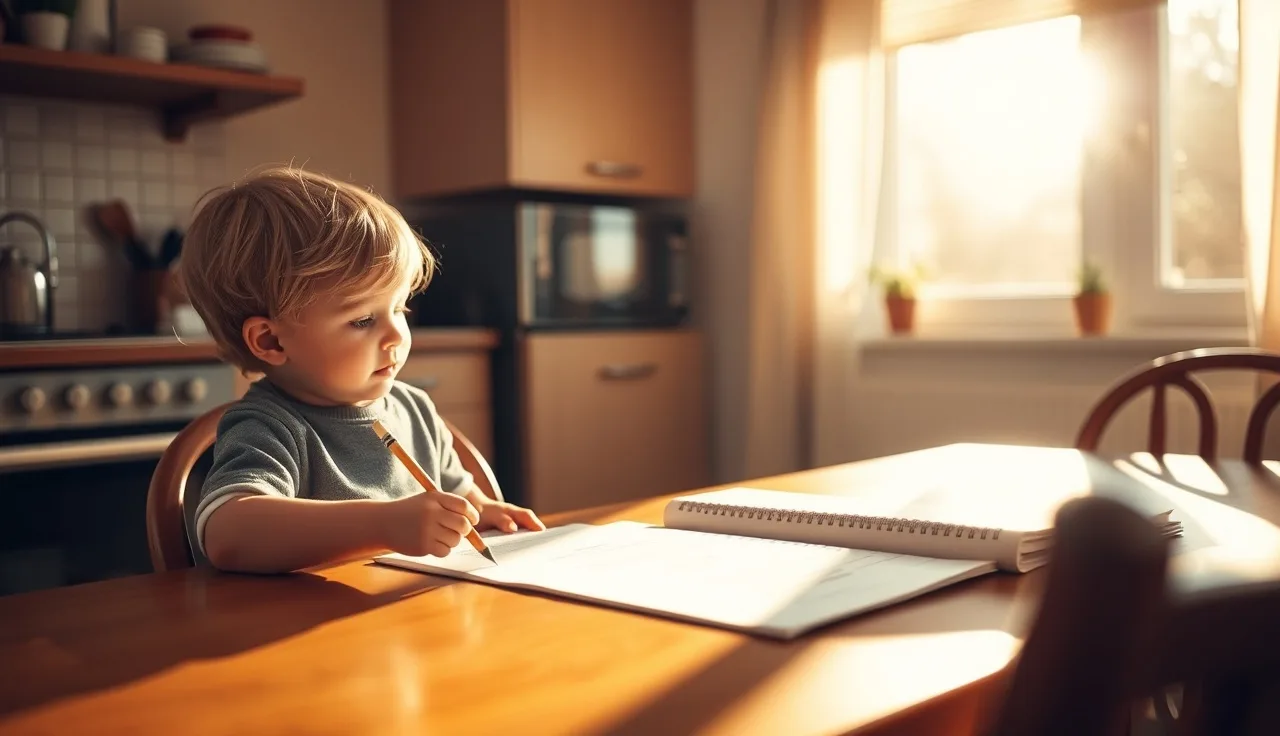 Child with pencil working through a reading comprehension workbook at a sunlit kitchen table