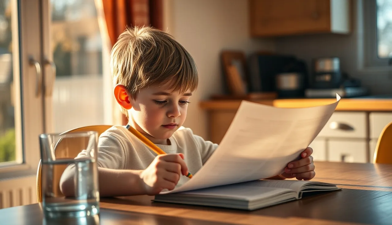 A fifth grade child reading a printed passage at a sunny kitchen table