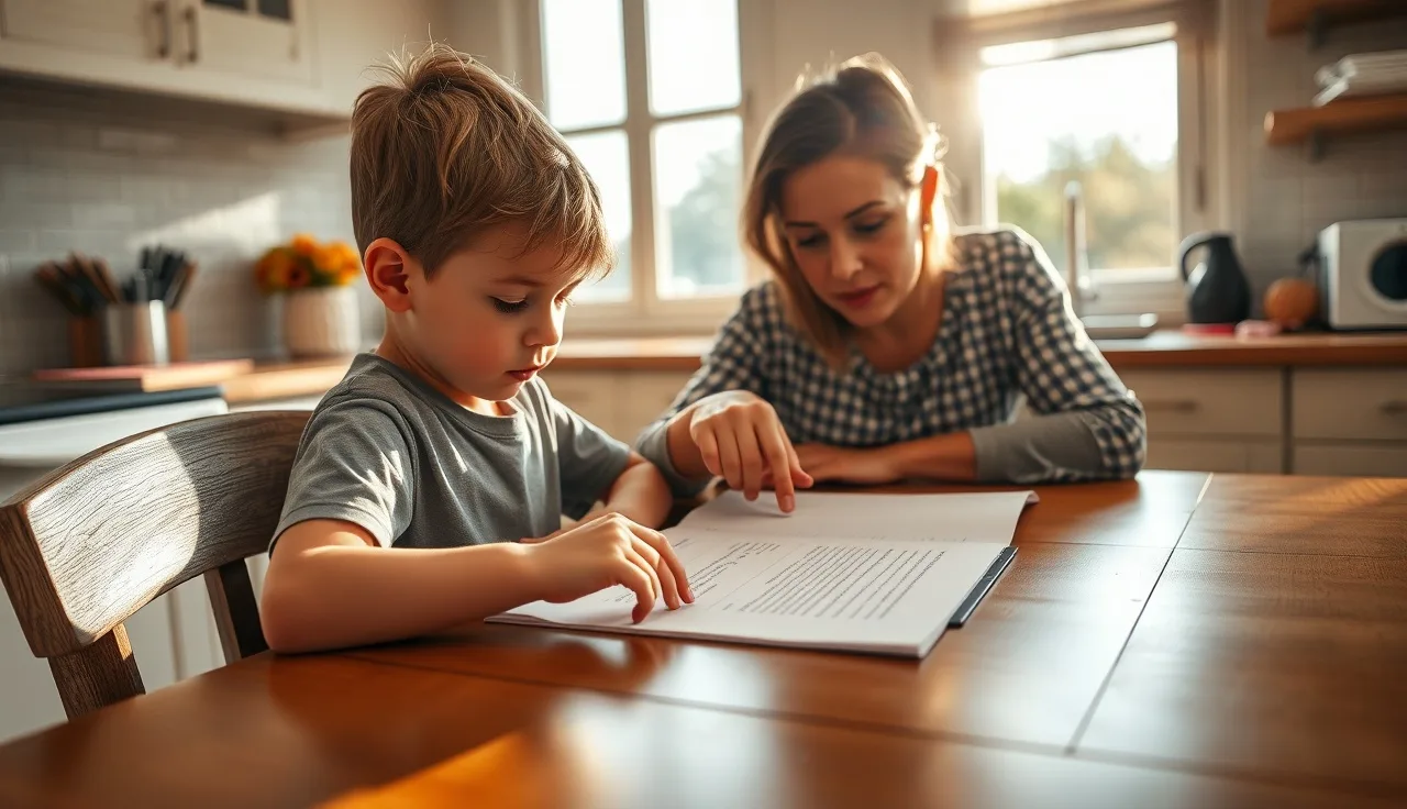Child and parent working together on a reading worksheet at a kitchen table