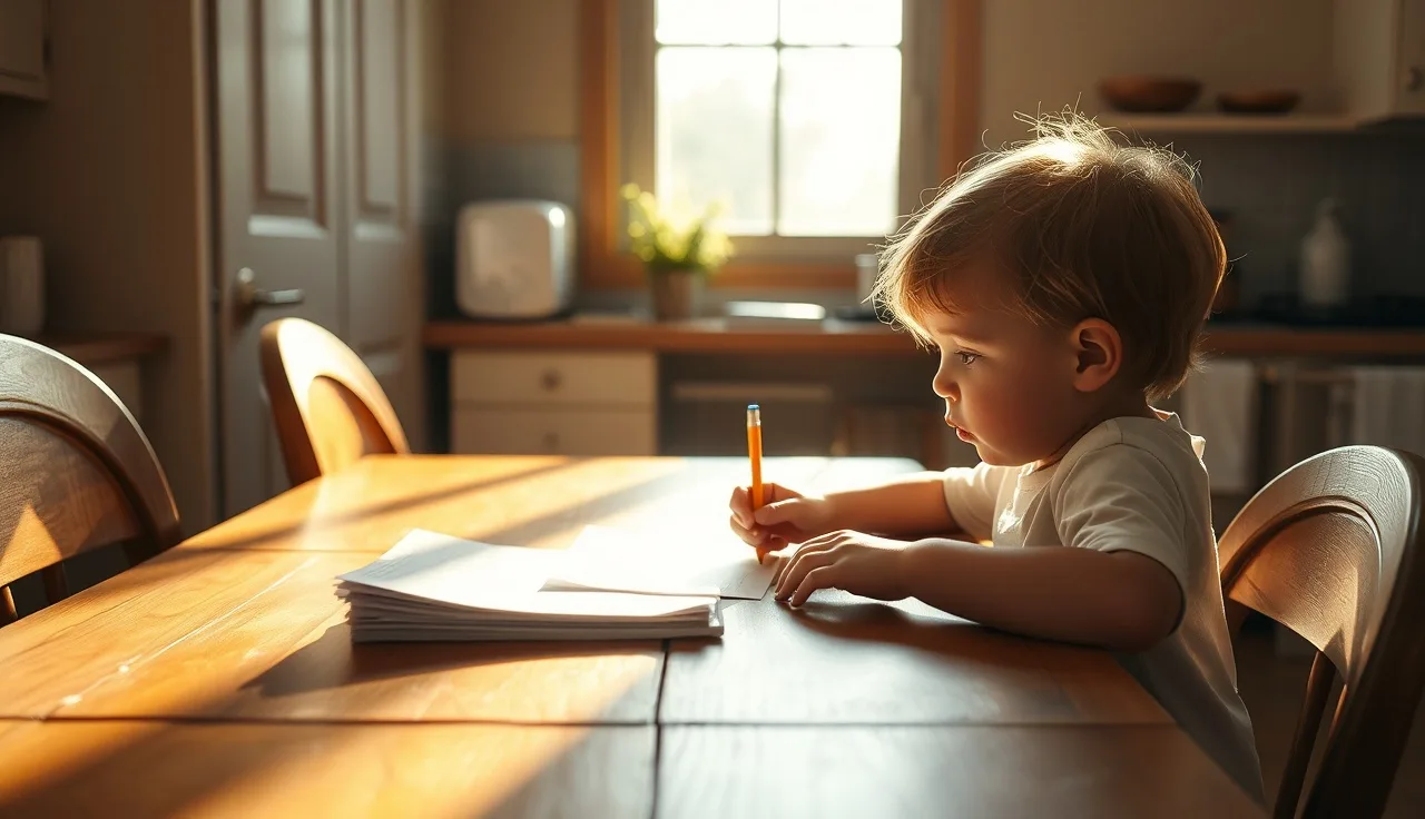 A fourth-grade child working on reading papers at a sunny kitchen table