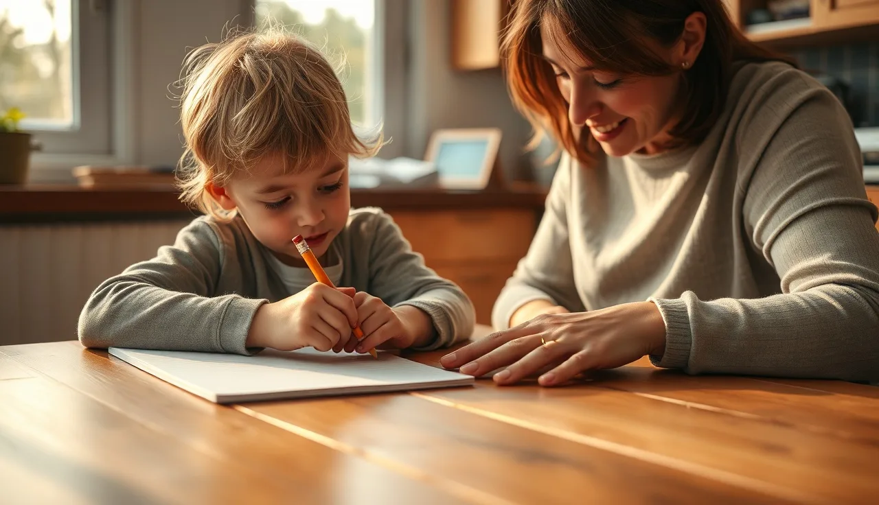 A child and parent working together at a table on reading comprehension worksheets