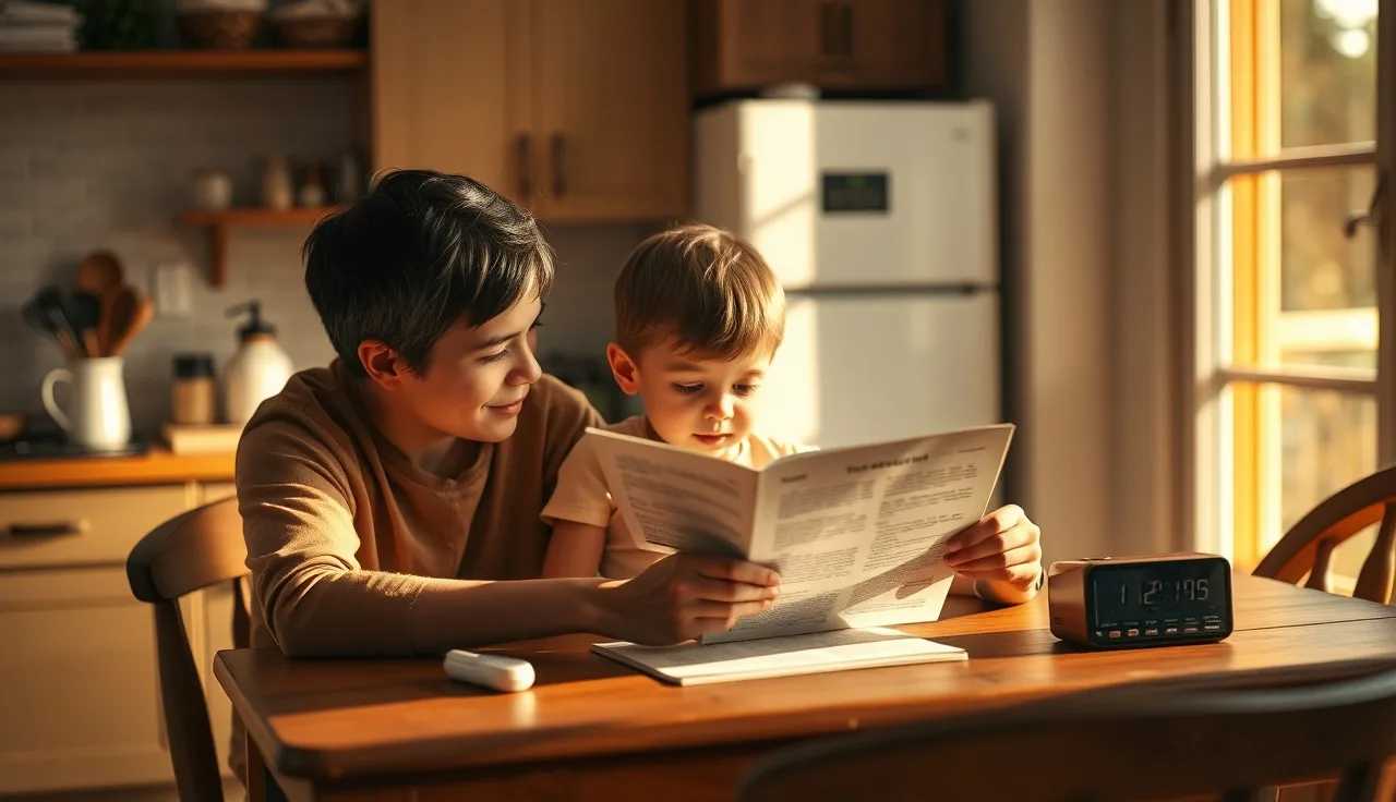 Child reading aloud at kitchen table while adult listens during fluency practice