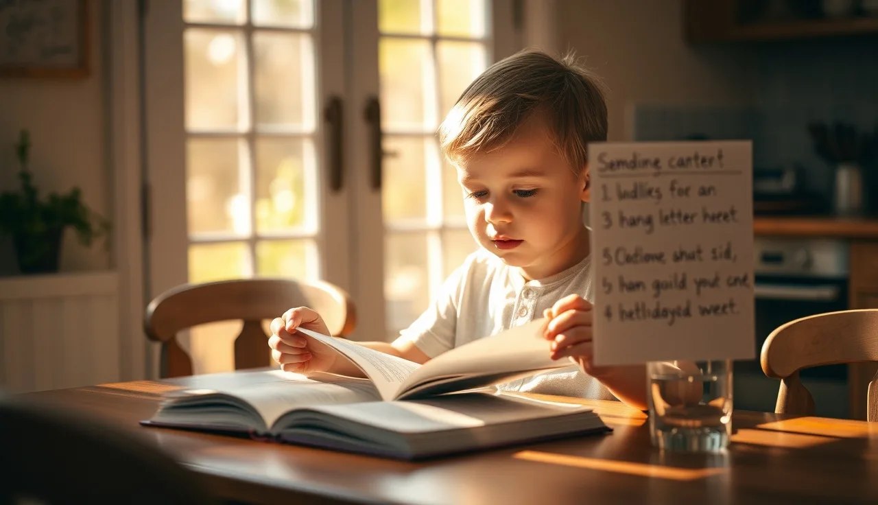 Child reading aloud at a kitchen table beside a homemade reading fluency chart