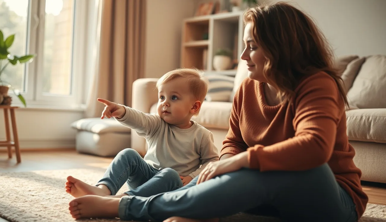 Child and parent reading together on a sunlit living room floor