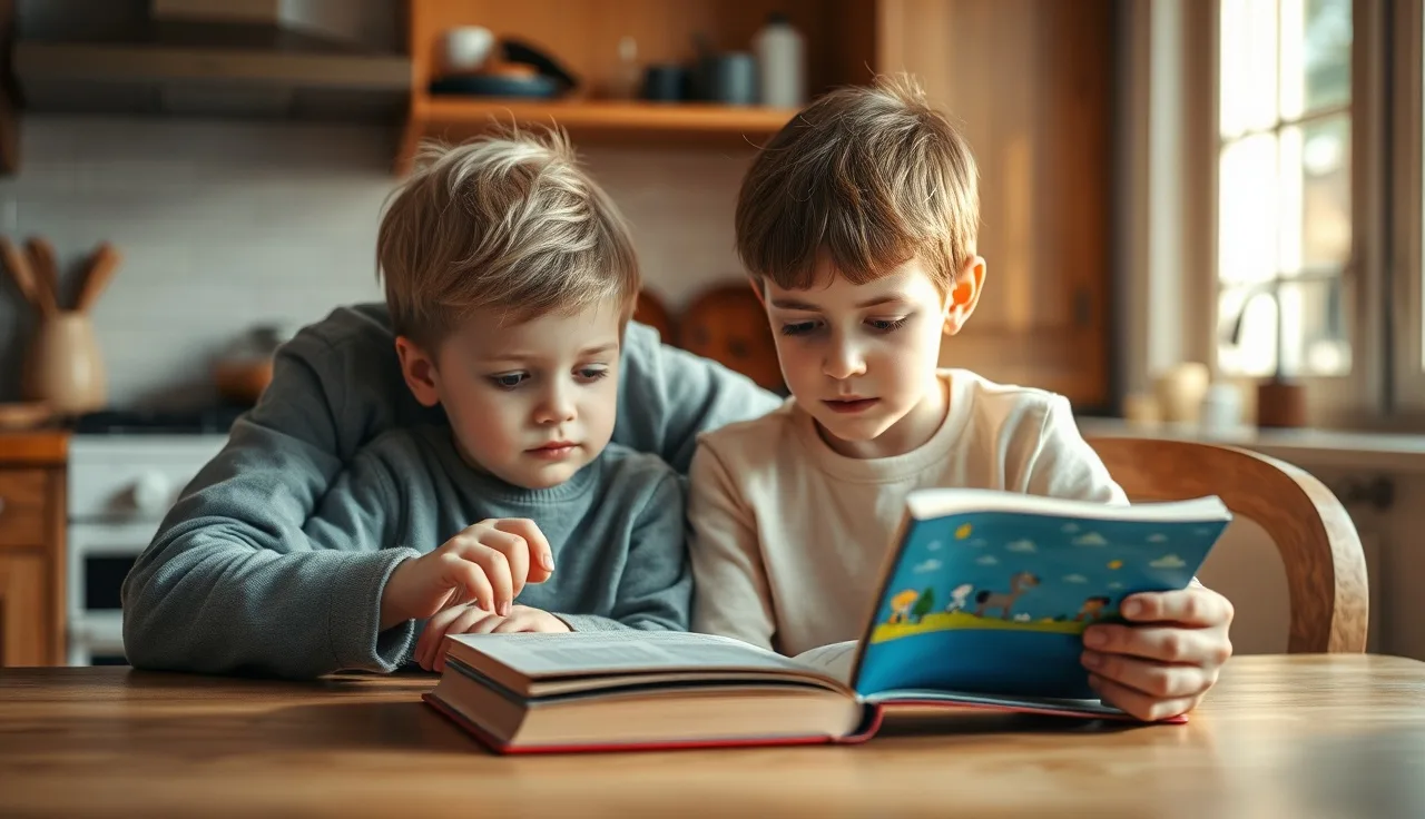 Child reading aloud to an adult at a kitchen table, practicing reading fluency
