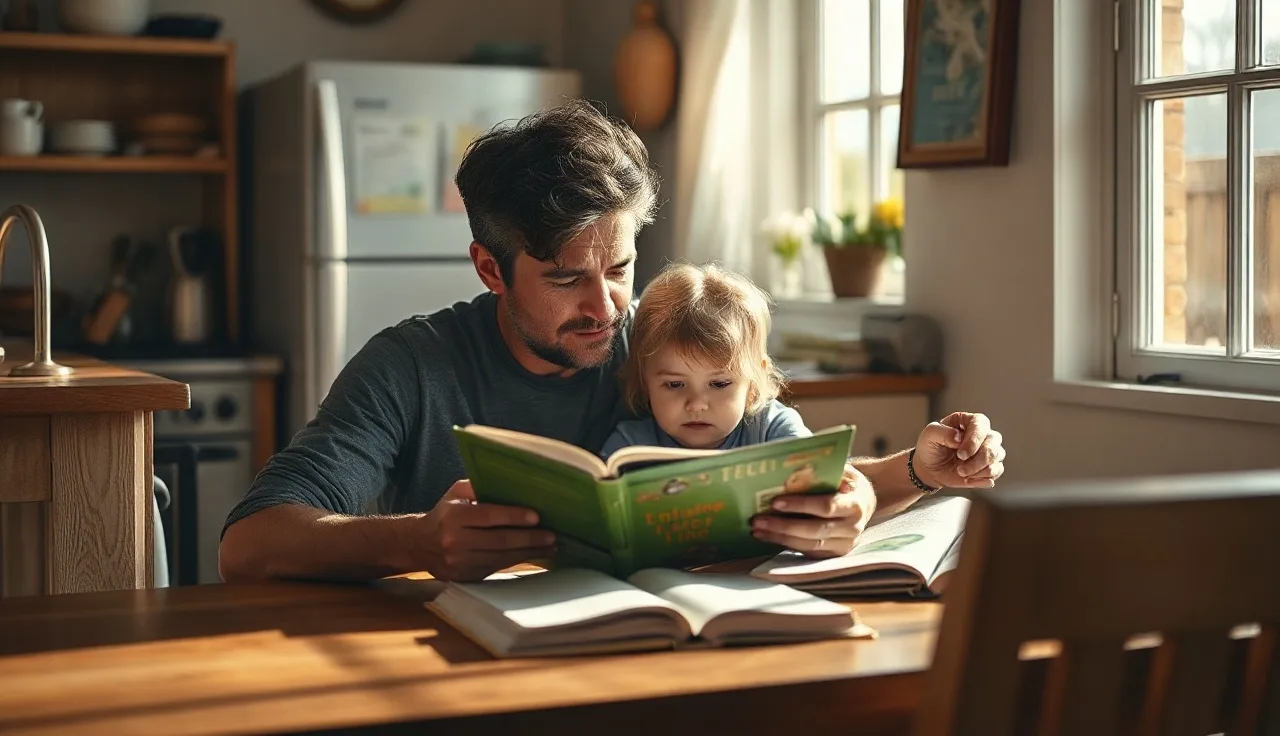 Child reading aloud to a parent at a kitchen table during fluency practice