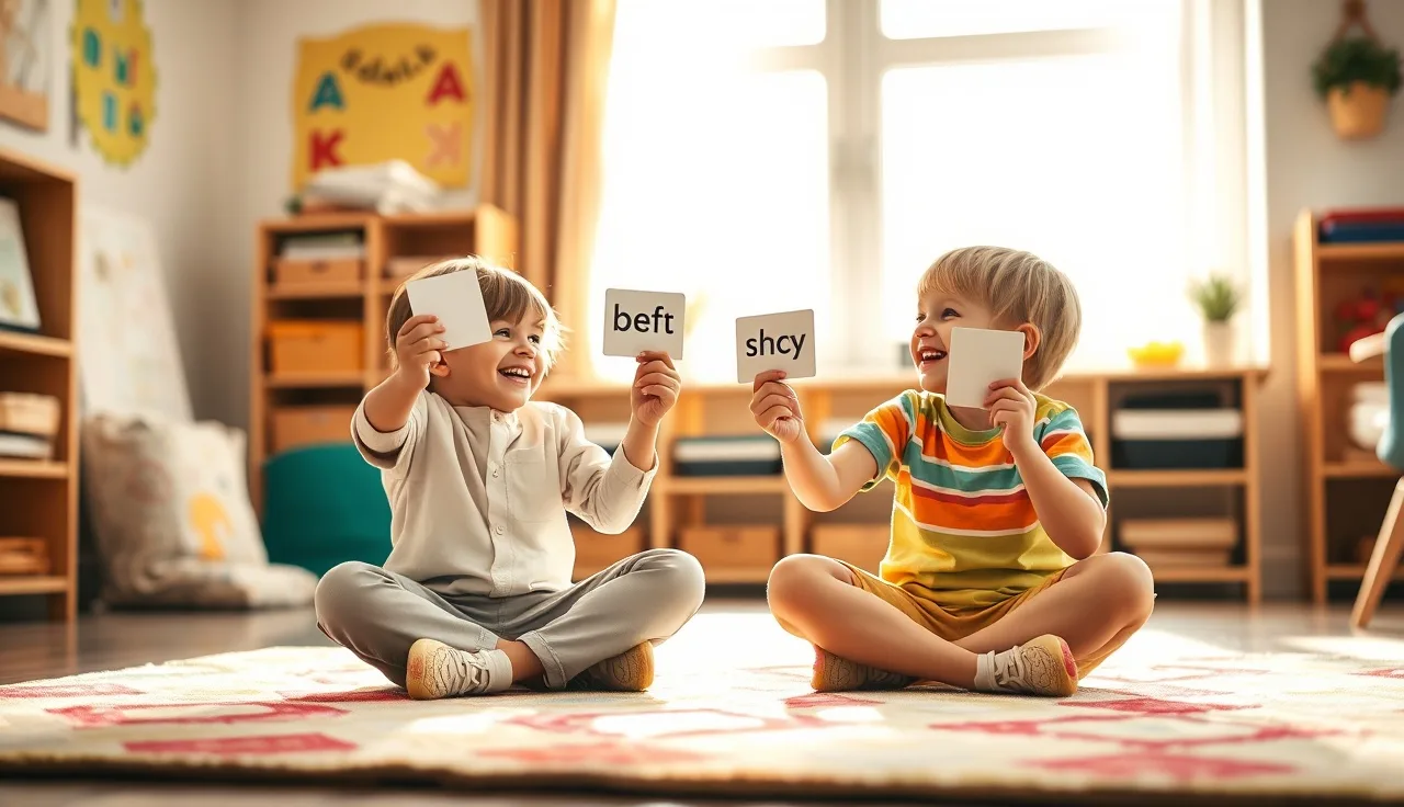 Two children playing a word card game on a classroom rug