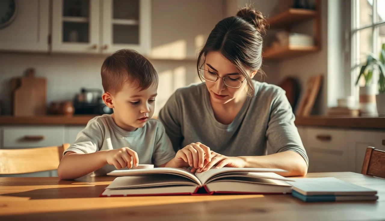 Parent and child reading aloud together at a kitchen table, practicing reading fluency