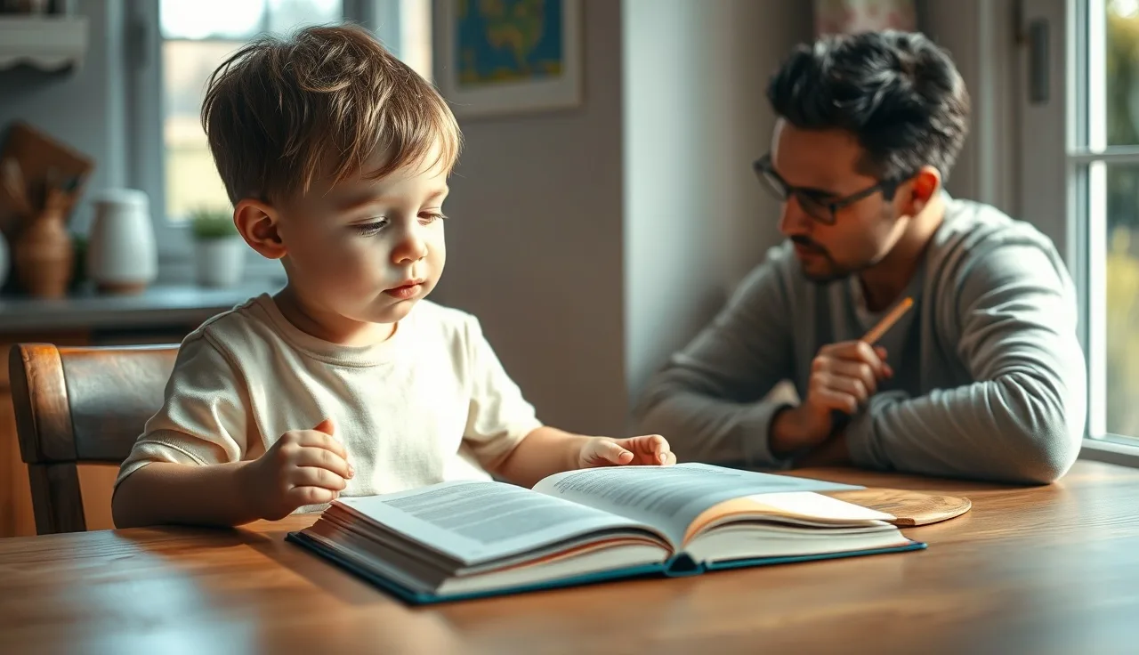 Child reading aloud from a printed fluency passage at a kitchen table