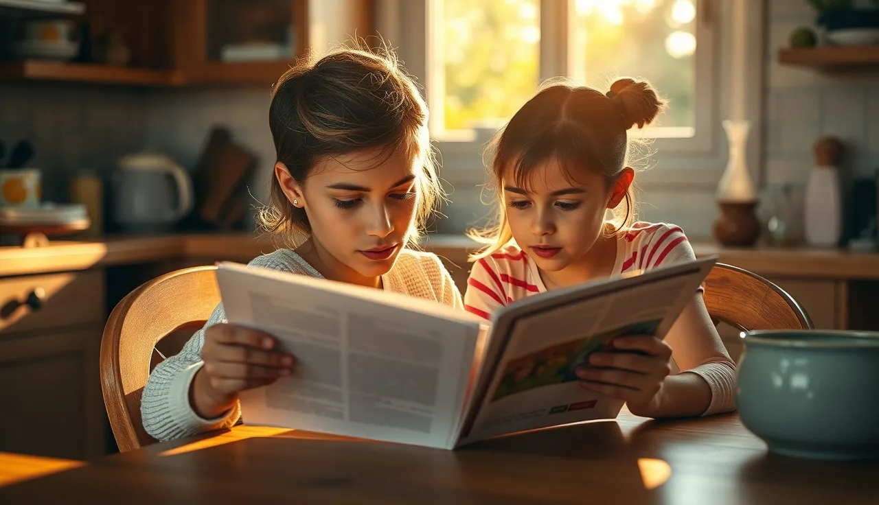 Child reading aloud from a page while an adult listens at a kitchen table