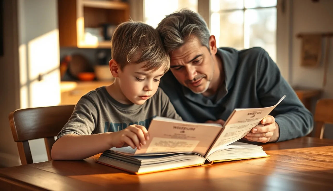 Young child reading aloud from an open book to an attentive parent at a kitchen table