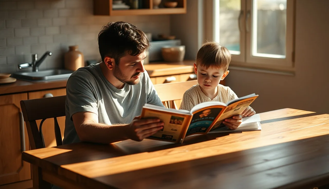 Child reading aloud at kitchen table while parent listens closely beside them