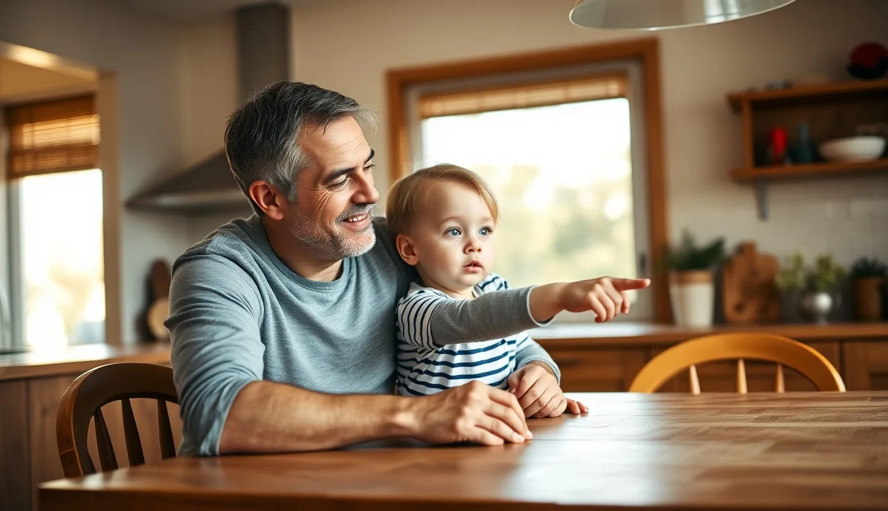 Parent and child practicing reading aloud together at a kitchen table