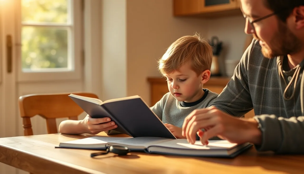 Child reading aloud to adult tutor at kitchen table with stopwatch