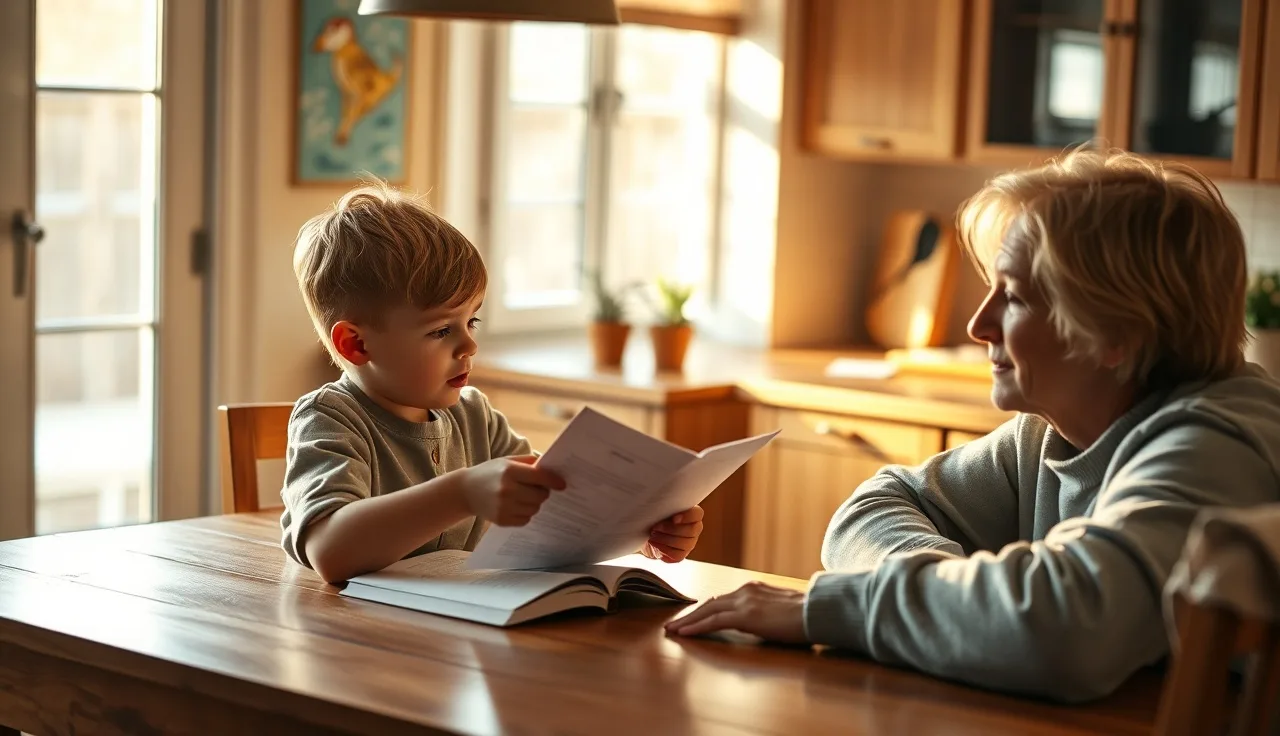 Child reading aloud from a paper worksheet at a kitchen table with an adult nearby