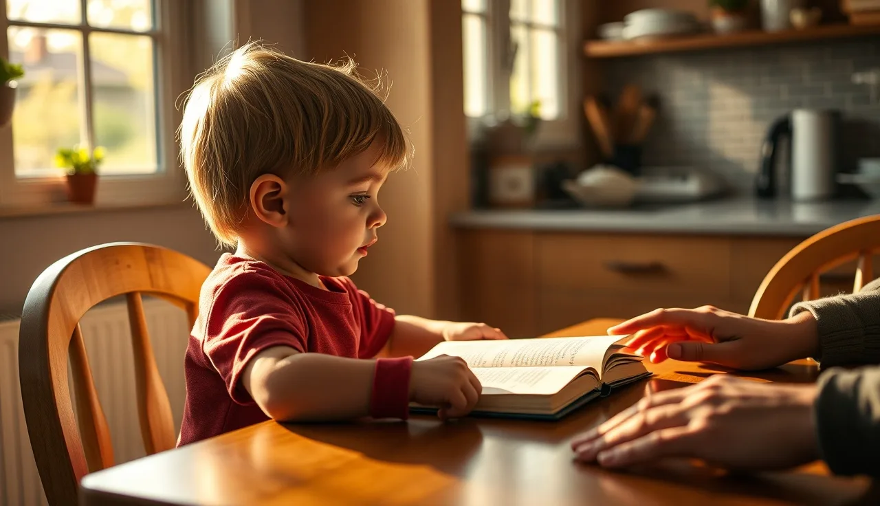 Young child reading aloud from a book at a kitchen table with an adult nearby