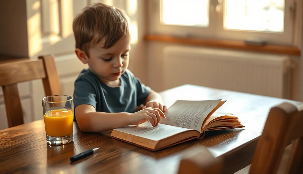 Child turning pages of a small book at a wooden kitchen table in morning light