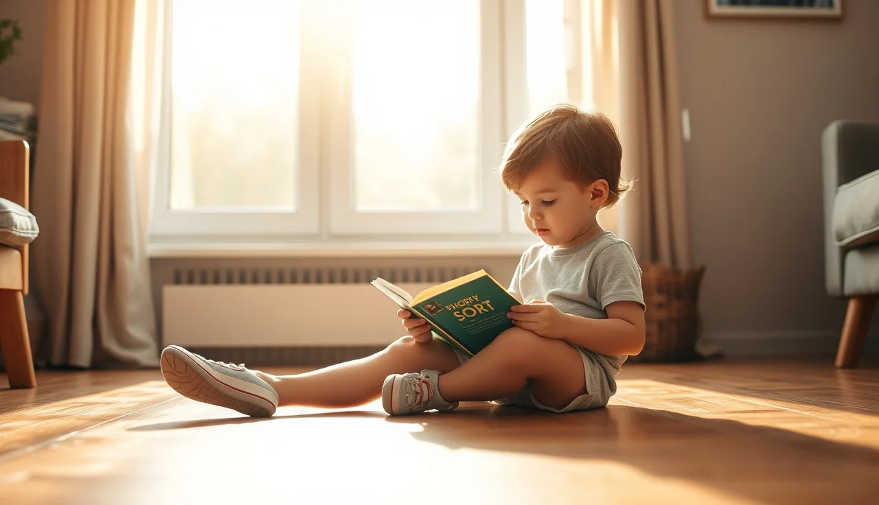 Young child reading a short book on a sunny living room floor