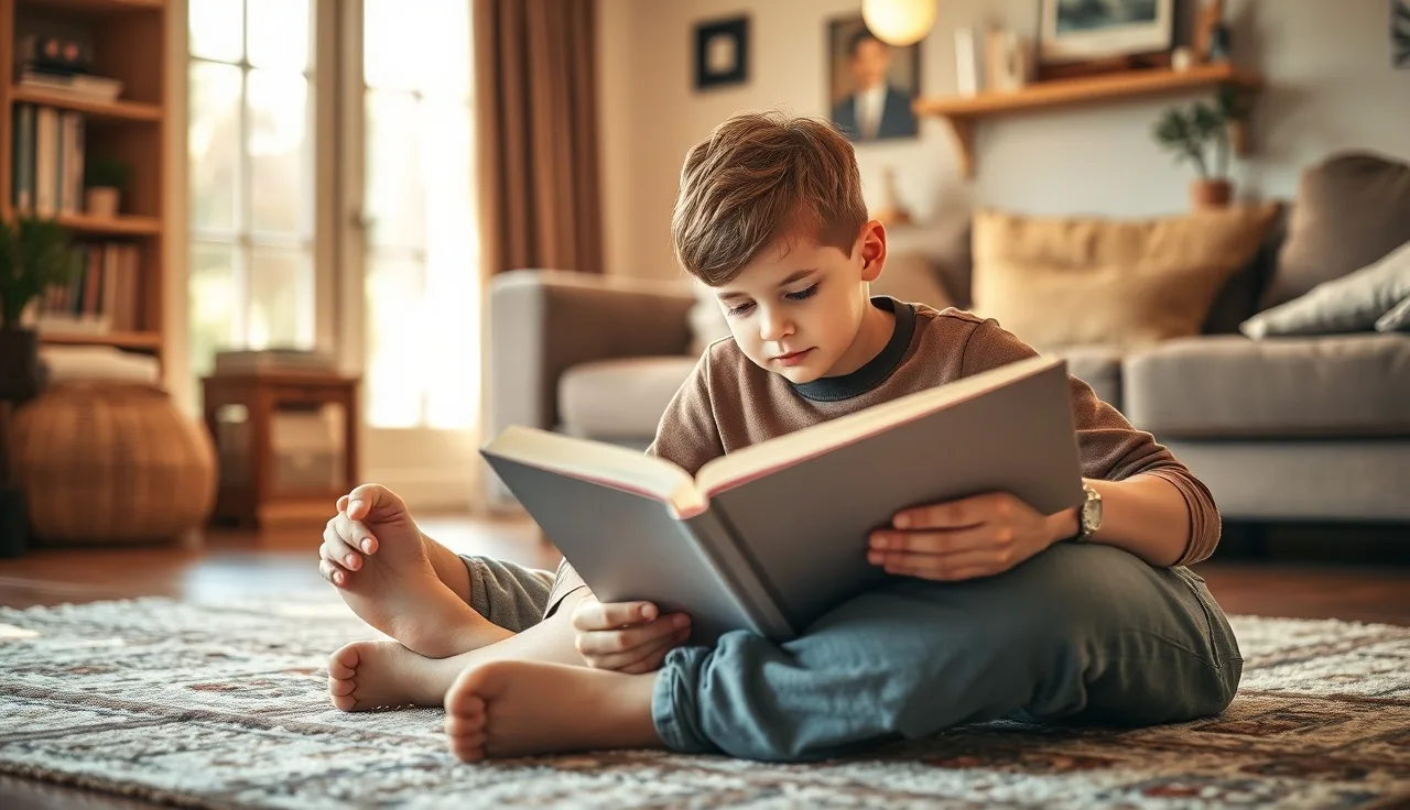 Child reading aloud to parent on living room rug, practicing reading fluency