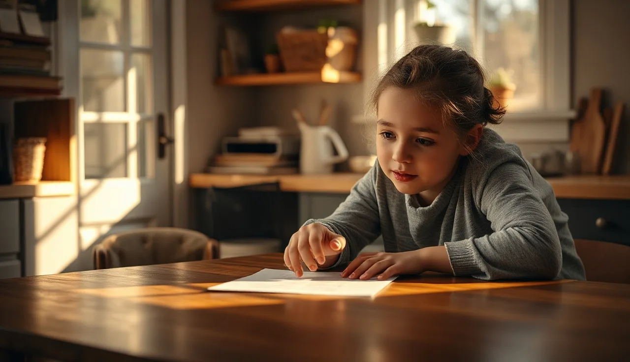 Child and adult working together on reading practice at a kitchen table