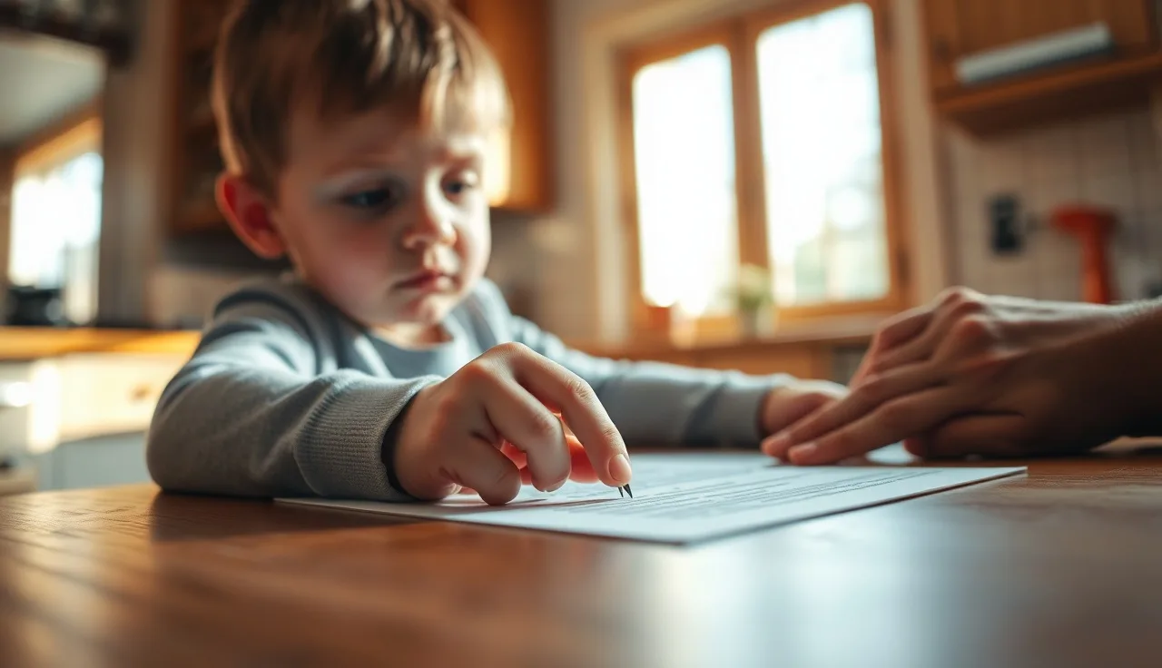 Child tracing text on paper at kitchen table while adult sits nearby