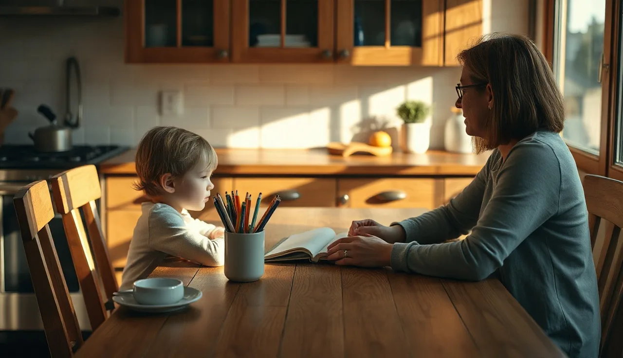 Child and adult tutor working together at a kitchen table in afternoon light