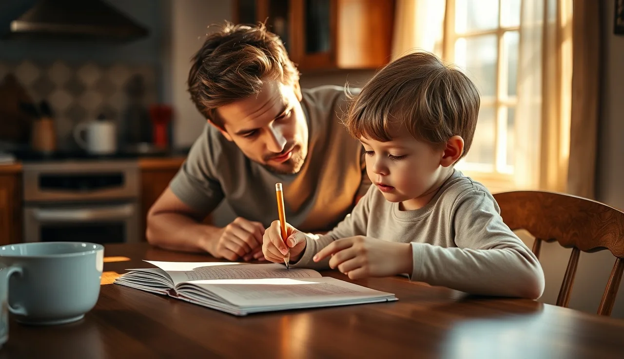 Child reading aloud to adult tutor at a sunlit wooden kitchen table