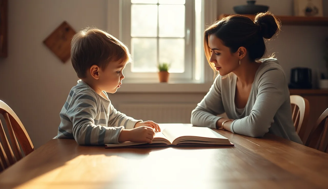 Child and adult tutor sitting together at a table during a reading session