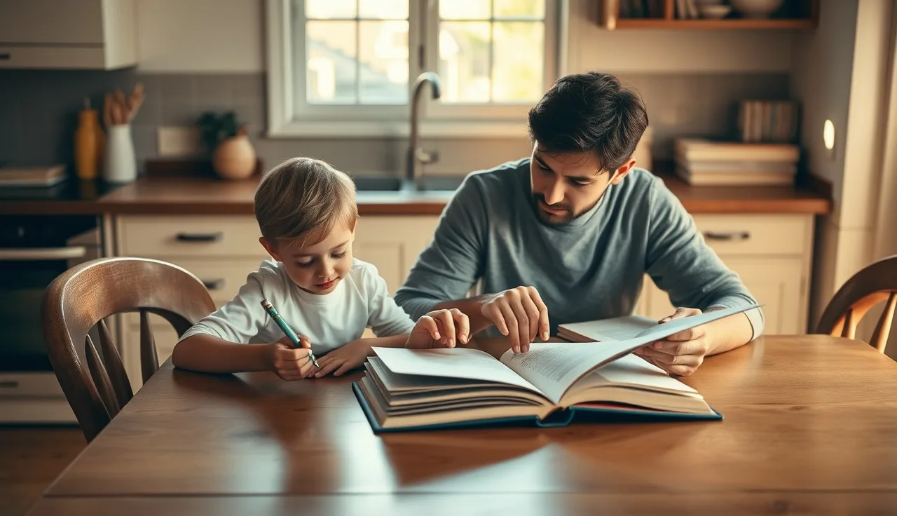 Adult reading tutor working one-on-one with a child at a home table