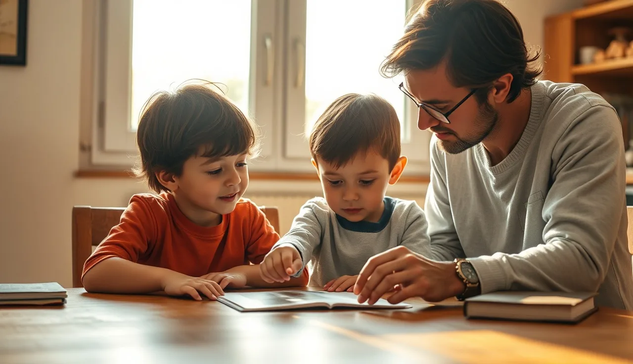 Child and adult tutor working together at a sunlit wooden table