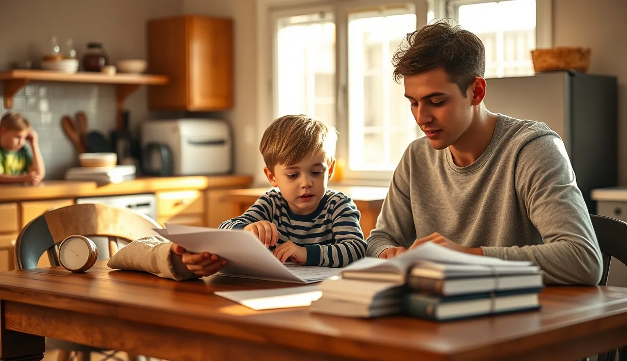 Child and adult working together on reading materials at a kitchen table